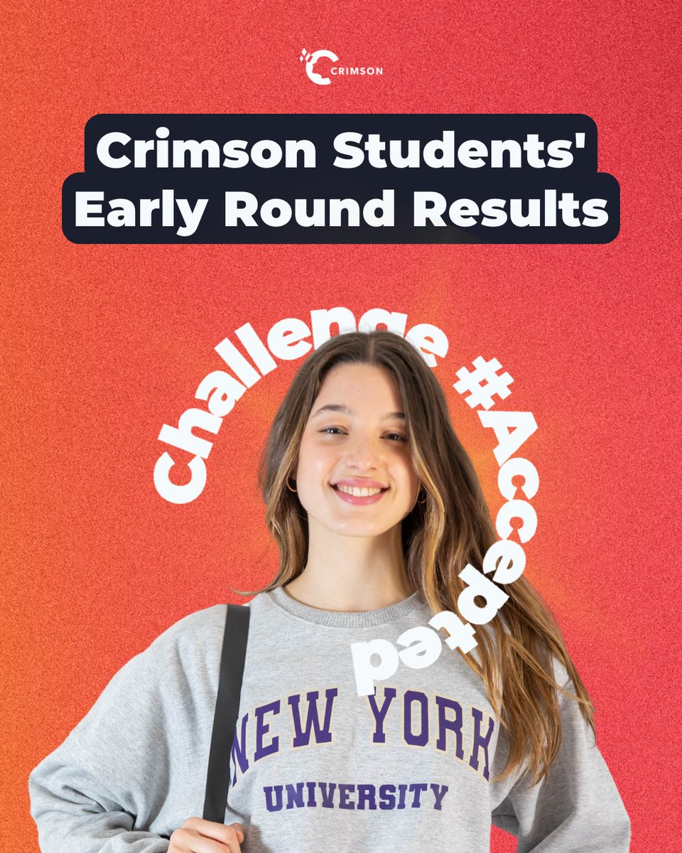 CrimsonEdu's tweet image. Crimson students' early round results results are rolling in! 🚀 

It took plenty of hard work and ambition from our students and team here at Crimson- but, man, was it worth it! 🎊🥳 

#earlyround #earlyadmissions #earlyapplication #collegeacceptance #crimsoneducation