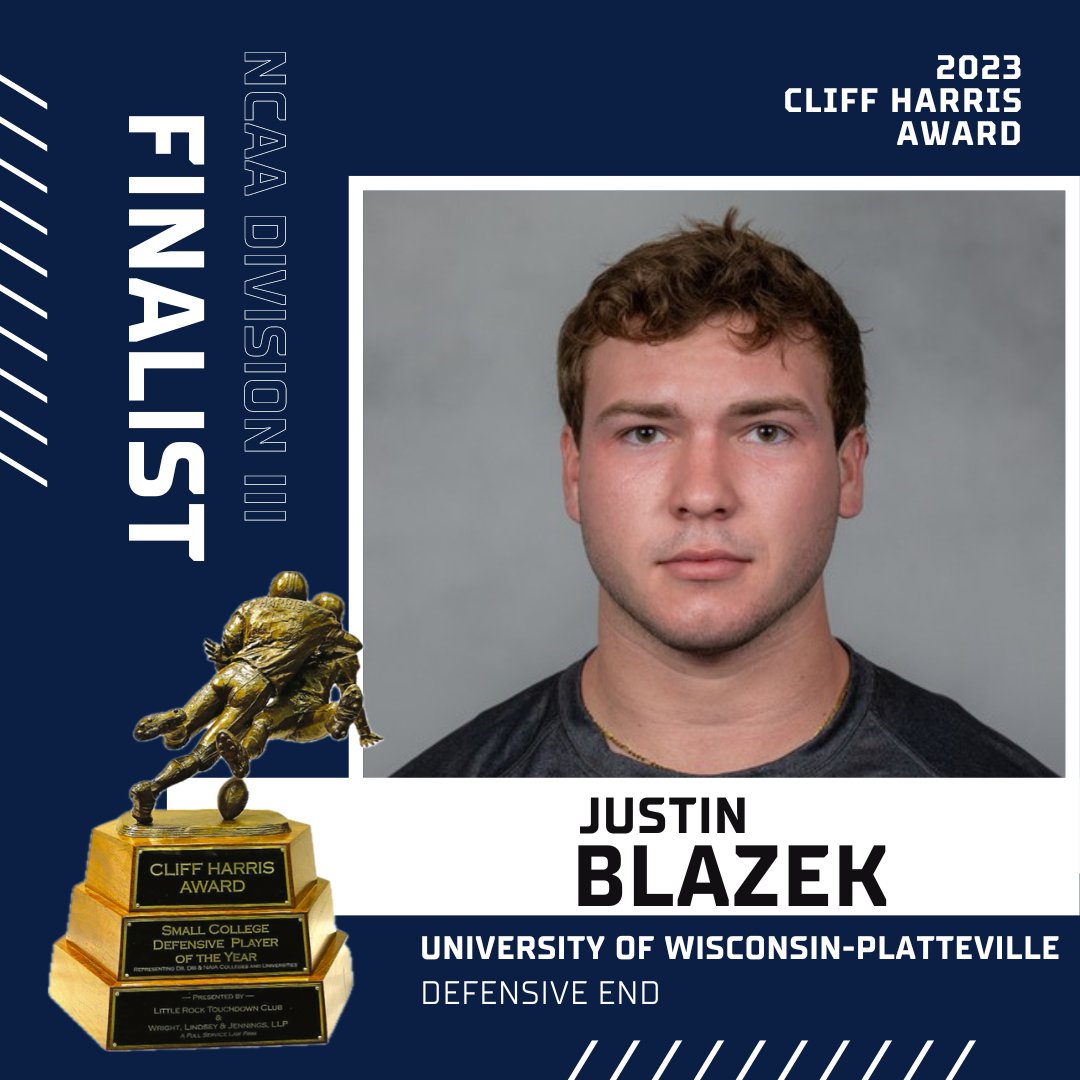 Congratulations to @uwplatteville defensive end Justin Blazek. The senior from Naperville, Illinois posted 60 tackles, 35 solo and ran for 4 touchdowns and threw a touchdown pass. @wiacsports @d3sports @d3football @NCAADIII #d3fb