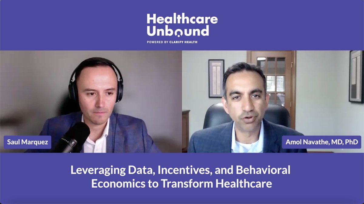 Please tune in to our Healthcare Unbound videocast with @AmolNavathe and @SaulWMarquez. Dr. Navathe helps us understand why behavioral economics is crucial to designing incentives that align with physicians' decision-making processes. ow.ly/xzT350Qjn2l #incentives