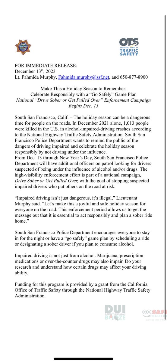 DRIVE SOBER OR GET PULLED OVER: From now till the New Year, the we will have additional patrols looking for DUI’s. We encourage everyone to stay in for the night or have a “go safety” game plan by scheduling a ride or designating a sober driver if you plan to consume alcohol.