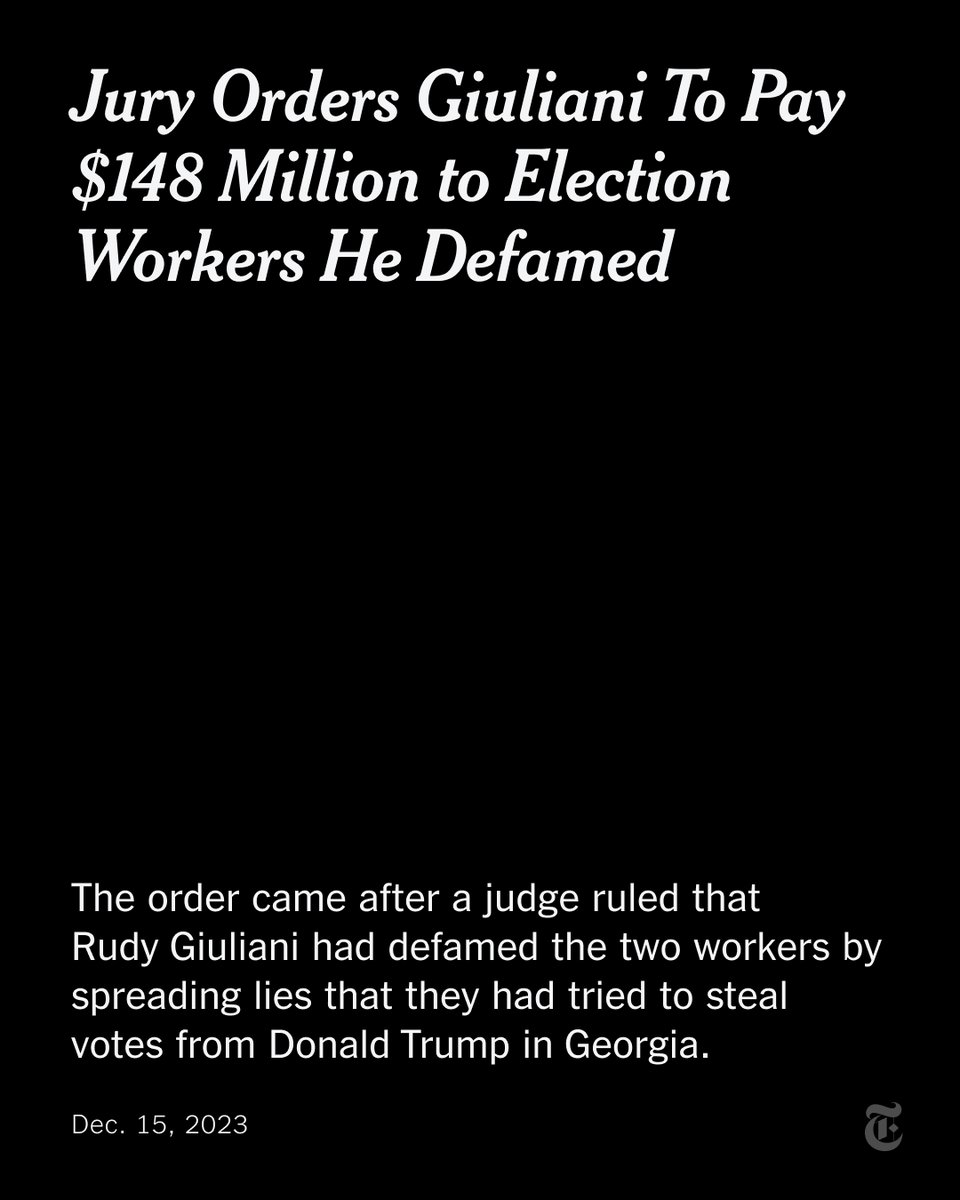 A federal jury on Friday ordered Rudy Giuliani to pay $148 million for spreading lies that two election workers committed fraud in 2020. nyti.ms/4afge0u