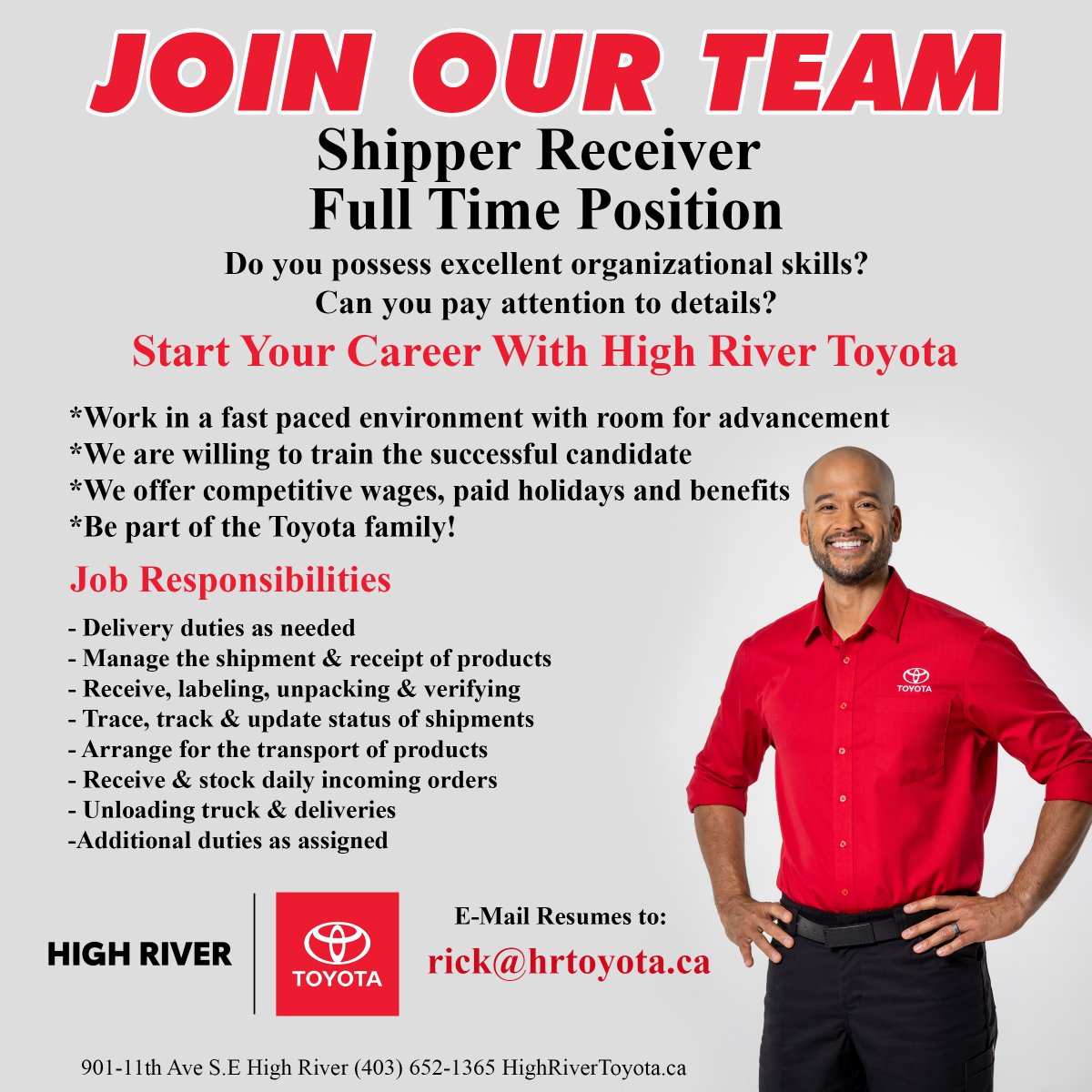 Our parts department is hiring! We have openings for a Parts Advisor and Shipping & Receiving. Start your career with High River Toyota today!

#hiring #hiringnow #hiringalert #highriver #okotoks #diamondvalley #nanton #yyc #calgary #alberta