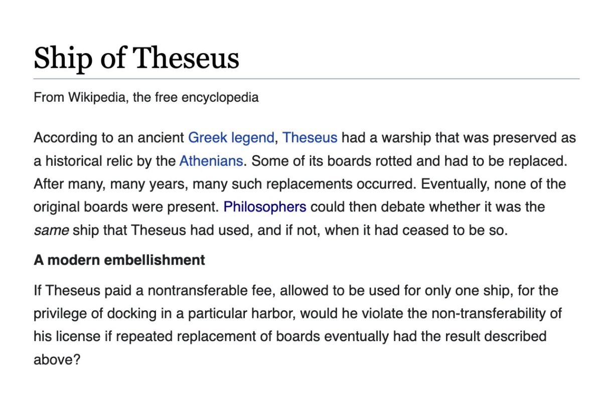 The 'Ship of Theseus' article has been edited 1792 times since it was created in July of 2003. At present, 0% of the phrases in the original article (seen below) remain.