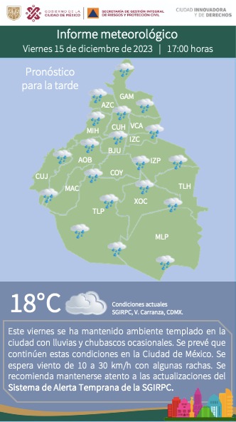 Se mantiene ambiente #templado en la Ciudad de México con #lluvias y #chubascos ocasionales. Mantente informado. #PronósticoDelTiempo #LaPrevenciónEsNuestraFuerza