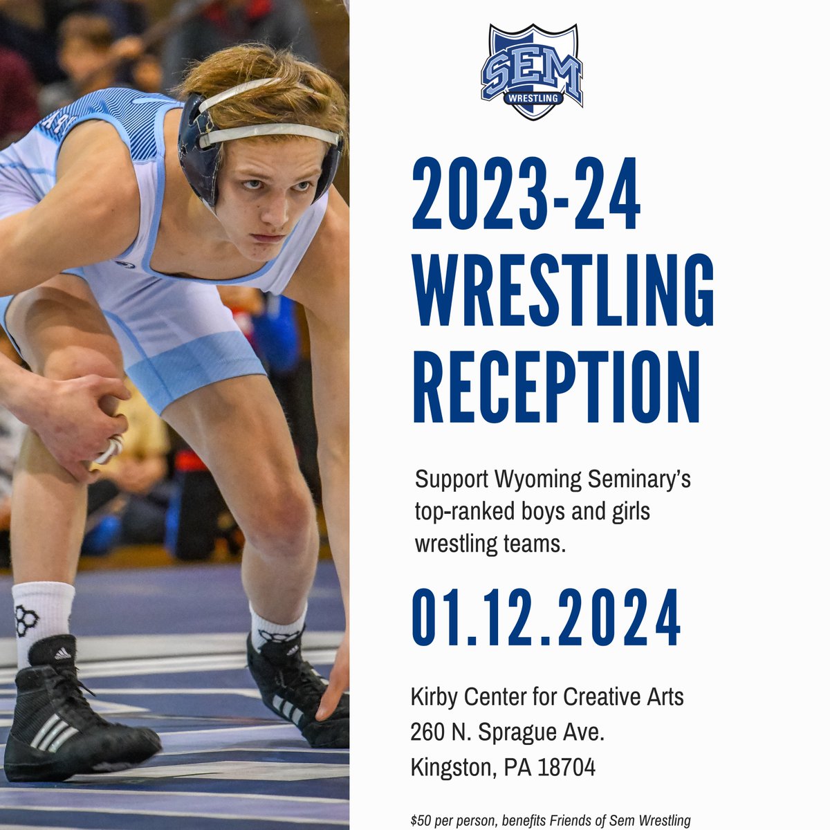 Support Wyoming Seminary wrestling at a great event before the dual against Blair Academy! 🗓️ Friday, Jan. 12 🕟 4:30 p.m. 📍 Kirby Center for Creative Arts 🎟️ $50 ⛔ 21 and over 🔗 bit.ly/3GIf9kv