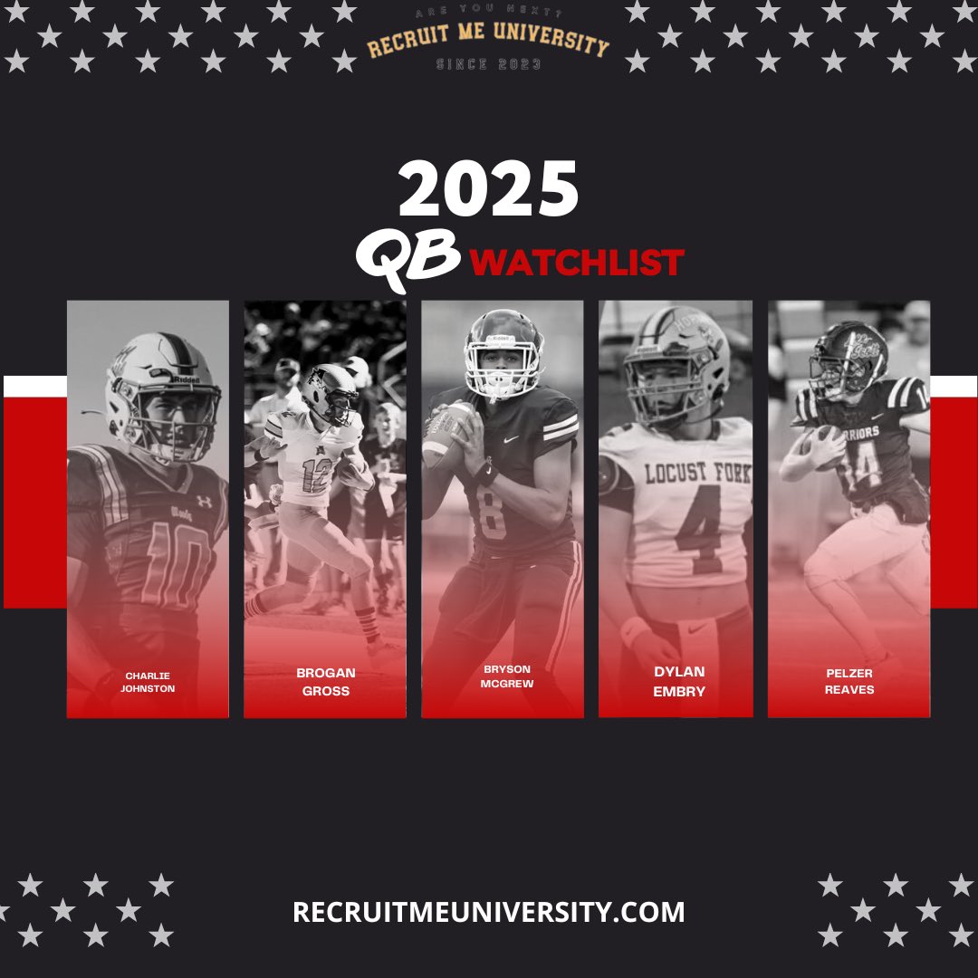 Recruit Me University (@recruitmeu) on Twitter photo Five 2025 Alabama QB’s to keep an eye on for next year
<a href="/4CharlieJ/">Charlie Johnston</a> (Moody)
<a href="/PelzerReaves3/">Pelzer</a> (Lee Scott Academy)
<a href="/brogan_gross/">Brogan Gross</a> (Athens)
<a href="/BrysonMcGrew1/">Bryson McGrew</a> (Percy Julian)
<a href="/DylanEmbry1/">“dino” dylan embry</a> (Locust Fork) Five 2025 Alabama QB’s to keep an eye on for next year
<a href="/4CharlieJ/">Charlie Johnston</a> (Moody)
<a href="/PelzerReaves3/">Pelzer</a> (Lee Scott Academy)
<a href="/brogan_gross/">Brogan Gross</a> (Athens)
<a href="/BrysonMcGrew1/">Bryson McGrew</a> (Percy Julian)
<a href="/DylanEmbry1/">“dino” dylan embry</a> (Locust Fork)
