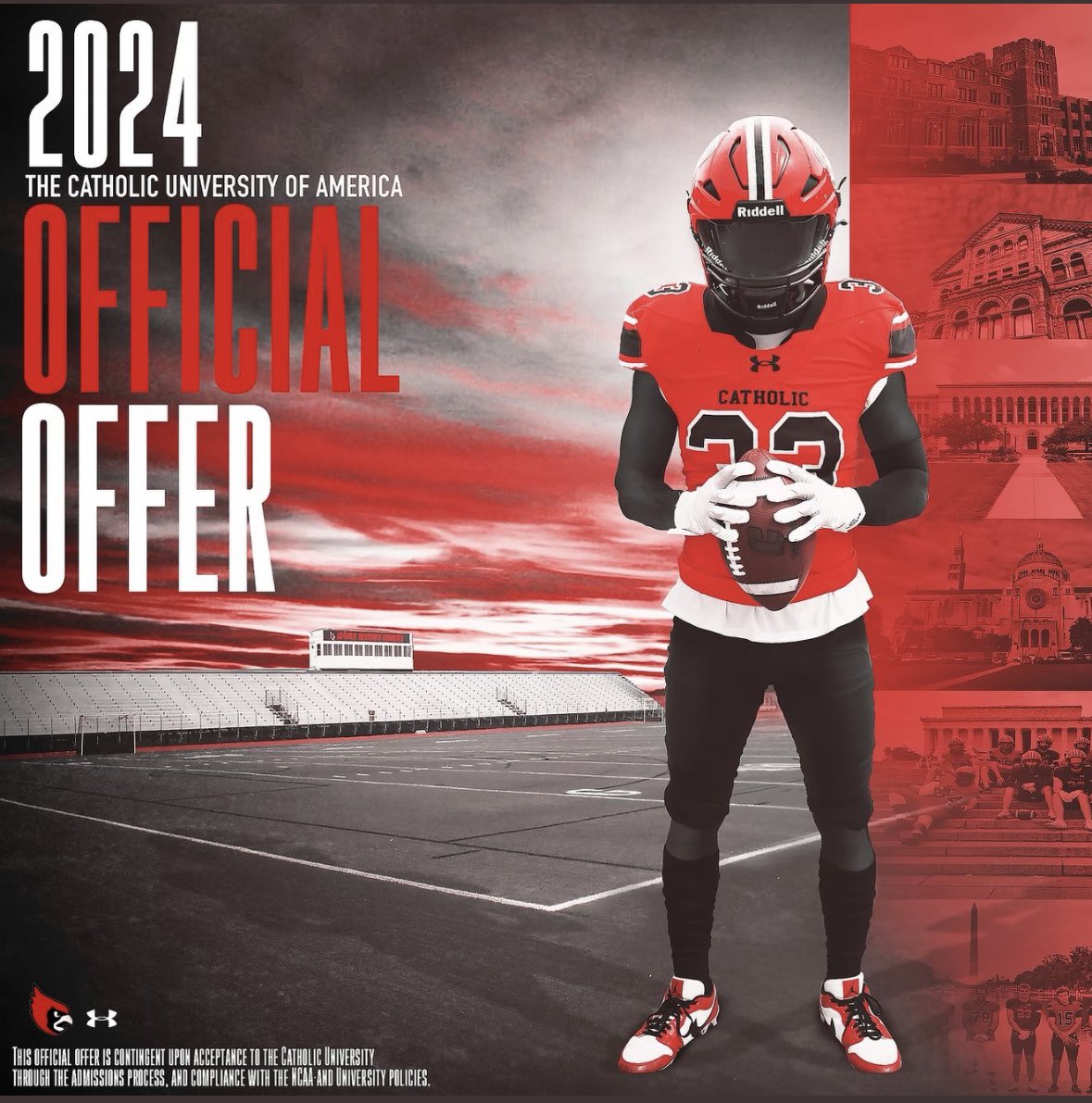 After meeting with @CoachJRut today I am excited to announce my second offer from Catholic University! @CoachStephenWCE @WCEastFootball