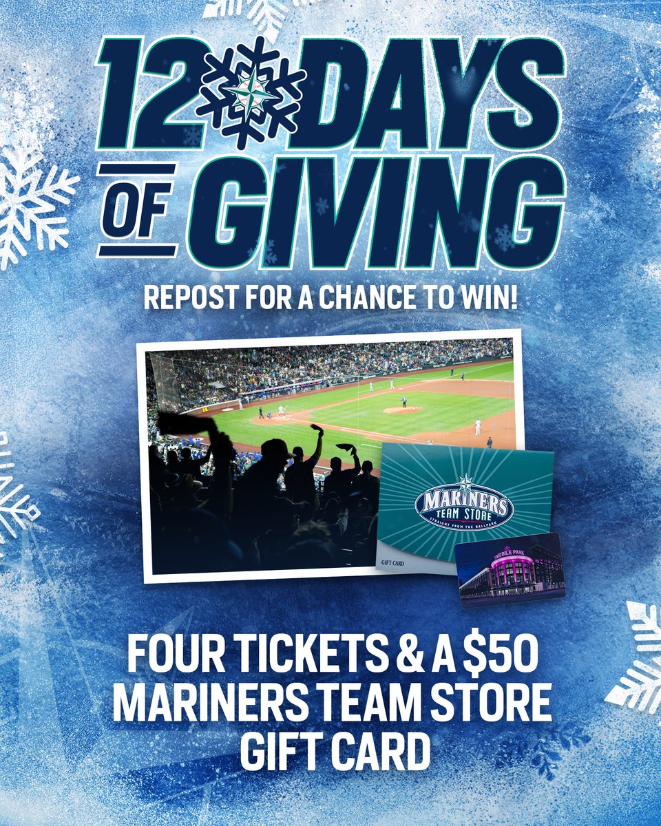 🎁 Repost to Win 🎁

On the 4️⃣th day of #12DaysOfGivingSweepstakes, you could win 4️⃣ tickets to a game at @TMobilePark in 2024 and a $50 @MarinersStore gift card!

Must be 18+. No purch. nec. Enter by 11:59pm PT on 12/28/23. atmlb.com/3NnpYfd