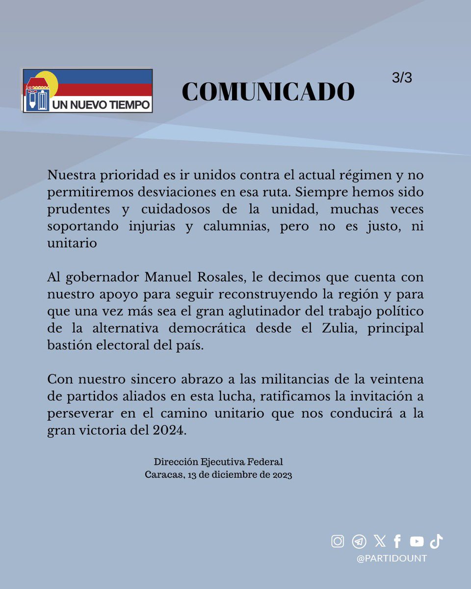 Un Nuevo Tiempo (@partidount) on Twitter photo La Dirección Ejecutiva Federal de #UNT, junto a las Direcciones Regionales, Municipales y Parroquiales expresan ante la opinión pública su irrestricta solidaridad con nuestro líder fundador, presidente y gobernador del estado #Zulia, <a href="/manuelrosalesg/">Manuel Rosales</a> ante las nuevas campañas La Dirección Ejecutiva Federal de #UNT, junto a las Direcciones Regionales, Municipales y Parroquiales expresan ante la opinión pública su irrestricta solidaridad con nuestro líder fundador, presidente y gobernador del estado #Zulia, <a href="/manuelrosalesg/">Manuel Rosales</a> ante las nuevas campañas
