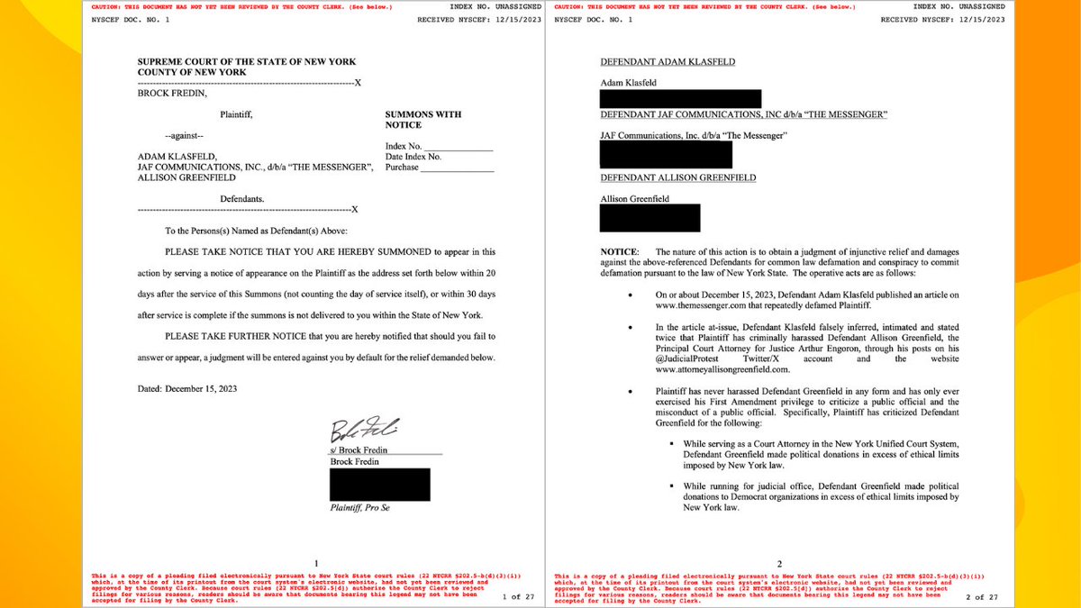 Is an X/Twitter post valid service of this lawsuit against Hobo Judge Engoron’s Principal Law Clerk Allison Greenfield and her loser boyfriend and ultra-left-wing HACK Adam Klasfeld?

Greenfield has been sued for leaking anti-Trump information to her boyfriend's in violation of