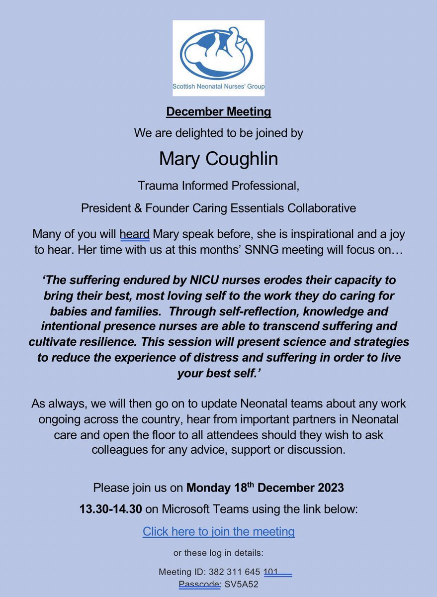 Scottish Neonatal Nurses' Group 💙 (@scotneonurses) on Twitter photo Honoured to be joined by the wonderful Mary Coughlin on Monday for our SNNG meeting! Join us at 1.30pm for this and the usual opportunity to hear from and speak with the Scottish neonatal community <a href="/ScotPerinatal/">Scottish Perinatal Network</a> <a href="/mcqicspsp/">SPSP Perinatal and SPSP Paediatric Programmes</a> <a href="/NESnmahp/">NESnmahp</a> Honoured to be joined by the wonderful Mary Coughlin on Monday for our SNNG meeting! Join us at 1.30pm for this and the usual opportunity to hear from and speak with the Scottish neonatal community <a href="/ScotPerinatal/">Scottish Perinatal Network</a> <a href="/mcqicspsp/">SPSP Perinatal and SPSP Paediatric Programmes</a> <a href="/NESnmahp/">NESnmahp</a>