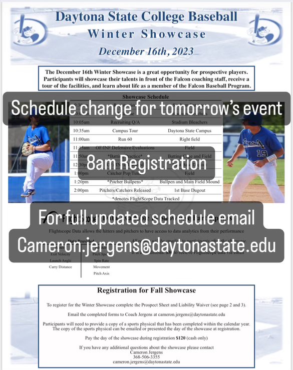 Matt Swiderski (@mswiderskibsb) on Twitter photo 🚨Schedule Change🚨
New registration time: 8:00am
For full schedule change you can email coach Jergens at Cameron.Jergens@daytonastate.edu
See you all tomorrow! 🚨Schedule Change🚨
New registration time: 8:00am
For full schedule change you can email coach Jergens at Cameron.Jergens@daytonastate.edu
See you all tomorrow!