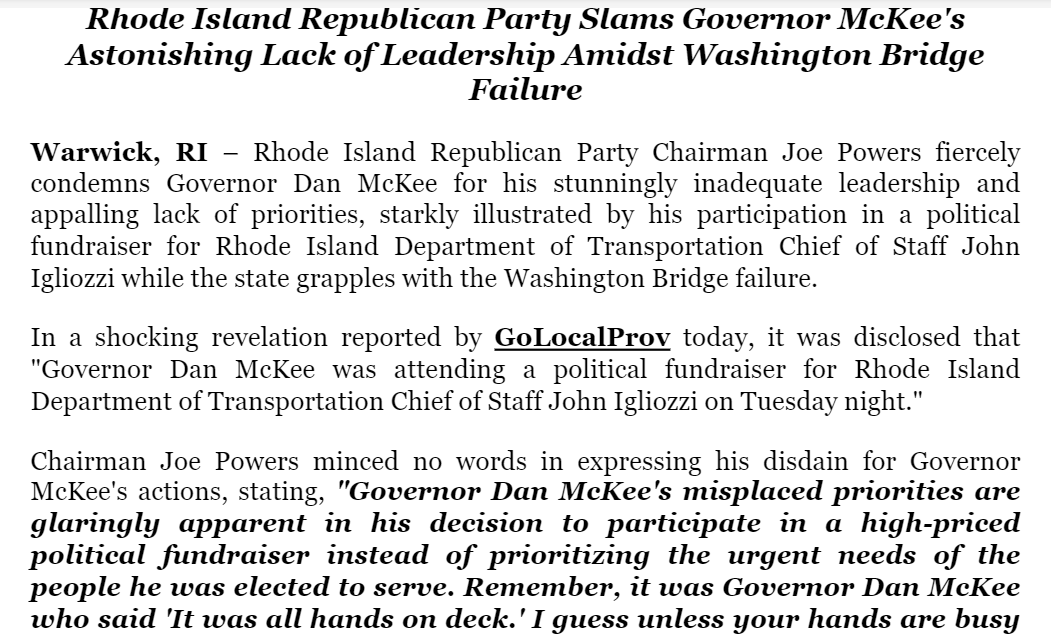 PatrickAnderso_'s tweet photo. McKee's office confirms GoLocalProv report that  @RIDOTNews COS John Igliozzi held a fundraiser on evening of peak bridge chaos and the governor "did briefly attend that event and then returned to the State House."

@RIGOPChairman's thoughts 👇 https://t.co/GQyfR82LUf