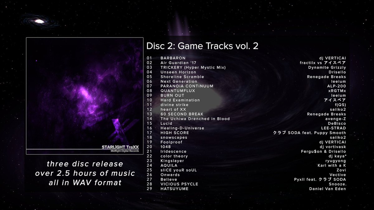 Midflight_Music's tweet image. "STARLiGHT TraXX" is out now with a total of 68 songs, including extended versions of game tracks such as "Your Angel (2019 Remake for UltraGamers)" and remixes of tracks like "Lucid"!

Available now for any price of your choice!
midflightdigitalrecords.bandcamp.com/album/starligh…