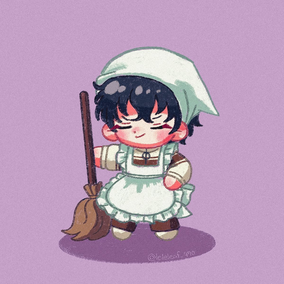 broom 1boy solo apron male focus chibi closed eyes  illustration images