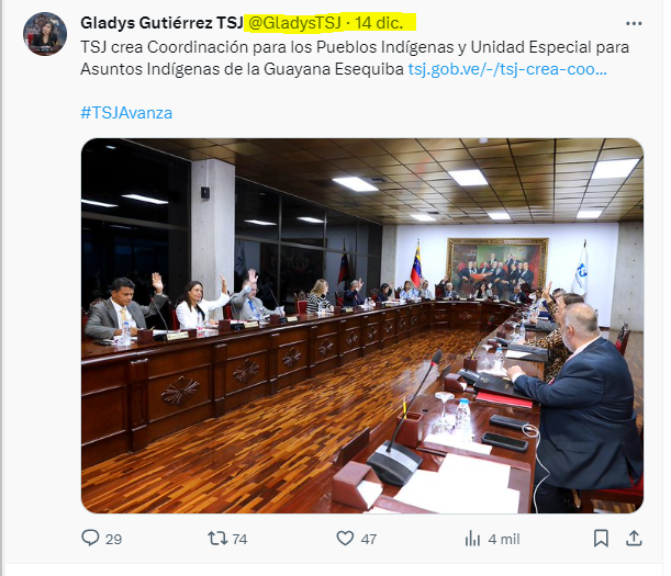 El #13Dic voceros indígenas junto al Ministro @CeballosIchaso1 presentan @GladysTSJ una propuesta. El #14Dic en respuesta el Tribunal Supremo de Justicia crea la Unidad Especial para Asuntos Indígenas de la #GuayanaEsequiba. Inmediatez! De eso se trata defender nuestro #Esequibo