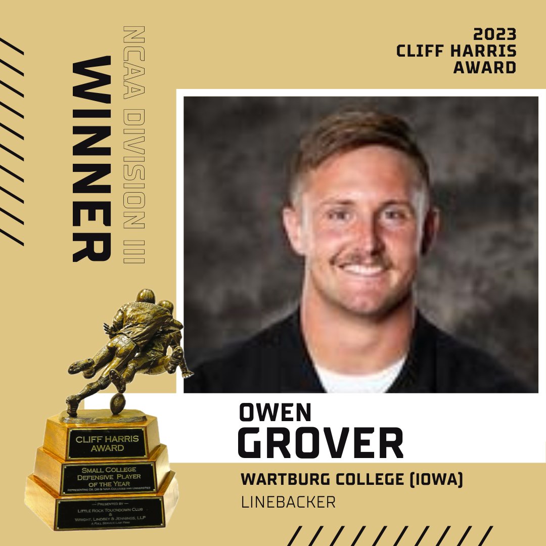 Give a big congratulations to @WartburgCollege linebacker Owen Grover. He takes home the trophy for the @NCAADIII Cliff Harris Award. Grover, a senior from Dyersville, Iowa has recorded 113 tackles for the Knights. @wartburgKnights @AmerRiversConf @d3football #d3fb