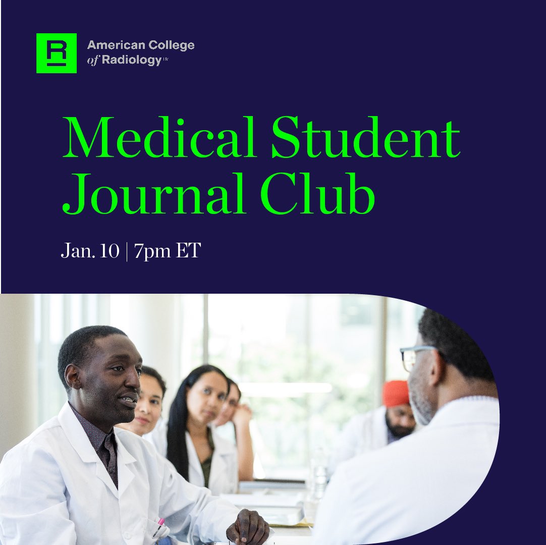 Christina (Tina) Shehata (@tina__shehata) on Twitter photo Join us for the <a href="/RadiologyACR/">American College of Radiology</a> #MedStudent-led Journal Club Jan. 10 at 7pm ET! We'll discuss "Understanding Race-Based Medicine and Its Impact on #Radiology" w/ one of the authors, <a href="/DamienMedrano1/">Damien Medrano</a>.
Very important topic for all med students! All are welcome
bit.ly/3NrCoDc Join us for the <a href="/RadiologyACR/">American College of Radiology</a> #MedStudent-led Journal Club Jan. 10 at 7pm ET! We'll discuss "Understanding Race-Based Medicine and Its Impact on #Radiology" w/ one of the authors, <a href="/DamienMedrano1/">Damien Medrano</a>.
Very important topic for all med students! All are welcome
bit.ly/3NrCoDc
