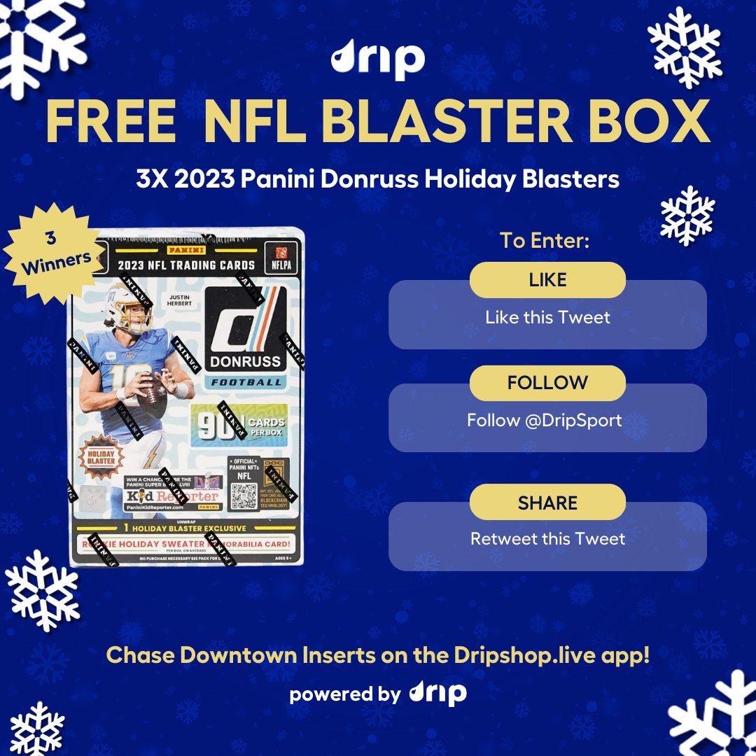 DripSport's tweet image. Want a Free Donruss Holiday Blaster? 👀🏈 We're giving away 3 of them 3 lucky collectors to celebrate Dripcember❗ #NFL

TO ENTER: Simply LIKE, FOLLOW, and RT

Earn more entries 🔗: bit.ly/3Tsa5s6