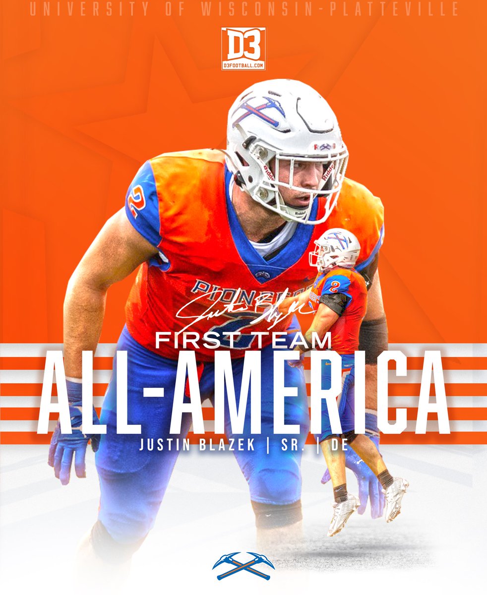 UW-Platteville Athletics (@uwp_pioneers) on Twitter photo 🇺🇸All-American Alert!
Congrats to Justin Blazek of <a href="/UWPlattFootball/">UW-Platteville Football</a> for being named to the <a href="/d3football/">D3football.com</a> All-America First Team! 
Read more: letsgopioneers.com/sports/fball/2…
#d3fb #d3football #wiac #uwplatteville 🇺🇸All-American Alert!
Congrats to Justin Blazek of <a href="/UWPlattFootball/">UW-Platteville Football</a> for being named to the <a href="/d3football/">D3football.com</a> All-America First Team! 
Read more: letsgopioneers.com/sports/fball/2…
#d3fb #d3football #wiac #uwplatteville