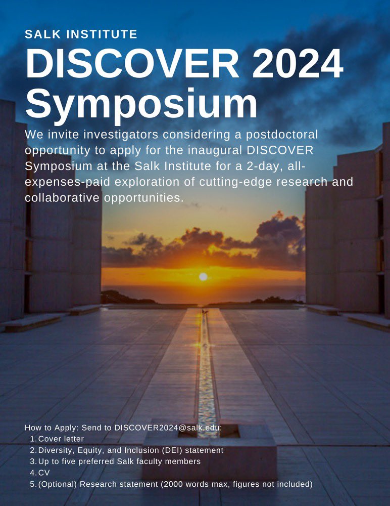 Thrilled to announce the launch of our pilot run for the inaugural DISCOVER Salk Postdoc Symposium, where we invite potential postdocs to visit @salkinstitute, meet faculty, take lab tours, join career development workshops and seed new collaborative opportunities that would be…
