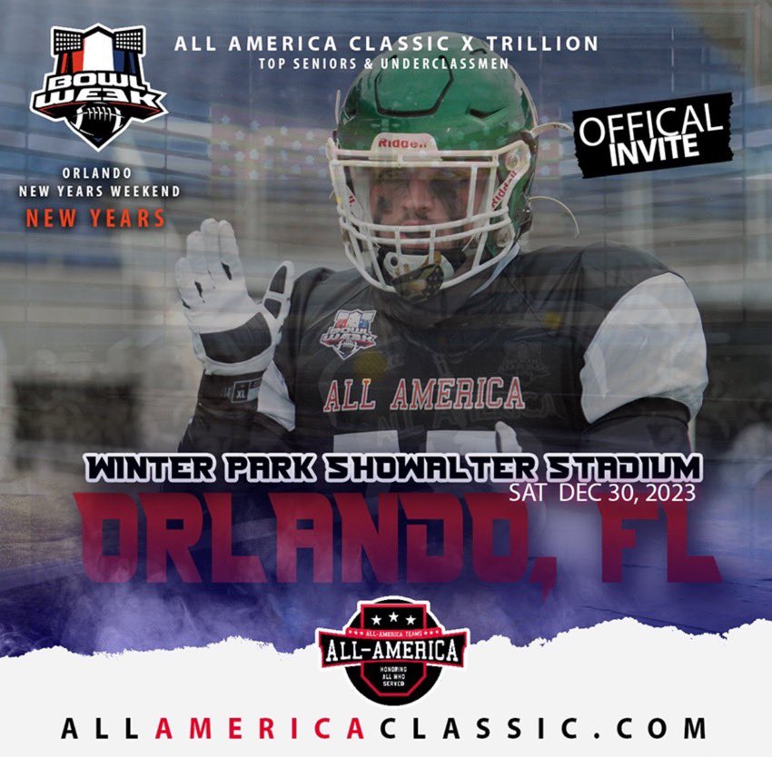 Excited and Blessed to be invited to play in the @AllAmericaBowl game. I am ready to compete and I can’t wait to get started and meet my teammates.@DanLaForestFB @baylintrujillo @CamDuke11 @CoachMarkDuke @CoachAChappell @HougrandE @TommyWhitted @EdgewaterFB @GoEHSEagles