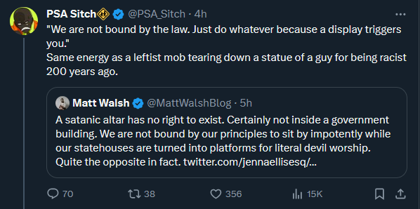 PSA_Sitch's tweet photo. Some people have argued that since the left has acted in some bad way, such as illegally destroying statues/property, that means the right is justified in acting the same. I think this argument merits a longer response because there is one version of the argument I agree with, and one I don't. 

The version I agree with, I tweeted out a few days ago regarding Claudine Gay and the Harvard situation. https://t.co/XBl1F2MVJK

If a group is using a set of rules to impose various restrictions, such as against free speech, a good way to expose and destroy the system is to LEAN INTO the rules. Start following those rules to the letter as strictly as possible and apply it to the people who created the rules. Put them under the same restrictions they wish to impose on others. 

This is what I was referring to with Claudine Gay. She and Harvard want to establish a set of hyper politically correct restrictions, however she and others want to apply them only to selective groups of people. Applying it in a universal way so that white people, jews, asians, cannot be discriminated against destroys their argument and will to advocate for the system. Because the system only exists to create the negative outcome. The PC system Gay and other push exists to make discrimination against certain groups (white people) acceptable and give special allowances and exceptions to other groups. (Not white people)

The situation where the tactic works and is good:
1) The system was designed to create a negative or bias outcome against a group of people.
2) The goal is to destroy the bad system.

The above tactic exposes why the system sucks and why it should be removed. The important key here is the tactic WEAKENS THE SYSTEM.

So where does this argument not apply? Well lets look at the statue debate and how it differs. 

There are various groups of people on the left who are illegally destroying statues because they believe the statue is offensive. So therefore people on the right can also illegally destroy a statue. Or at least that is the logic presented.

This is not like the first situation. From the beginning, the group of people tearing down the statue are doing so illegally. They are acting against the system. The answer would be to hold them accountable through the system or even increase punishment in the system if the action continues. The rules itself is not faulty, it is that people are breaking the rules and not being held accountable. So the solution is to bring accountability.

Second, the purpose is often different. Many people saying, "well they did it so we can do" are not acting with the goal of destroying a system they believe is unjust, they are acting out of a desire for revenge. The desire for revenge will also weaken the system overall. So what is the system being weakened in the statue debate? Free Speech. And in the specific case Matt Walsh was referring to, Freedom of Religion. 

This is why this idea, of "they did it so I can to" doesn't work here. The goal for Matt Walsh is not to uphold freedom of speech or religion. He does not care about those principles beyond them serving him. He is laying out an argument that his religious beliefs and principles supersedes freedom of speech and religion. He is arguing, the same as some Muslims who believe they have a right to tear down pictures of Muhammad, that his religious principles means he gets to violate the law.