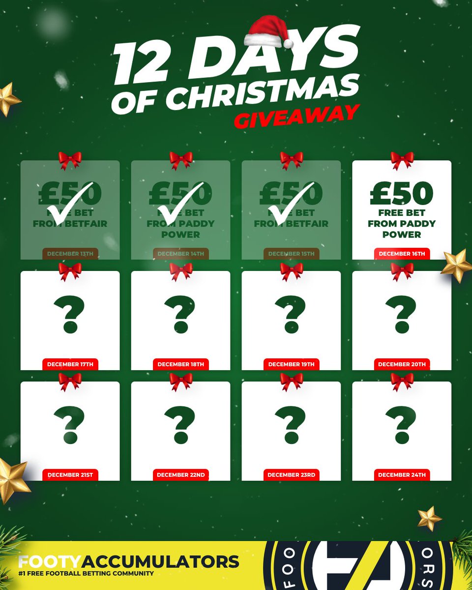 DAY 4 OF OUR 12 DAYS OF GIVEAWAYS! 🚨 Win a £50 FREE BET from Paddy Power! 🤩 RT & FOLLOW US TO ENTER! ✅ Winner picked TONIGHT @ 10pm - good luck! 🙏