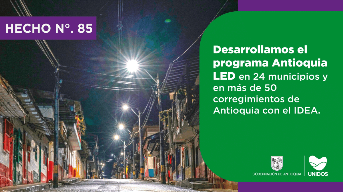 GobAntioquia's tweet photo. ¡El programa #AntioquiaLED es símbolo de ORGULLO y representa LUZ en nuestro departamento! 💡

 #AntioquiaLED está presente en 24 municipios y en más de 50 corregimientos. 💚💡

#UnidosLoLogramos

🎥 EN VIVO: 👉https://t.co/2Rxs6vLSwc https://t.co/F4Bqg2SfZr