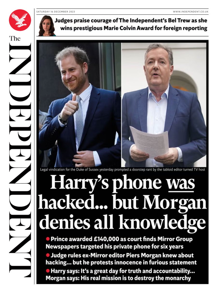 🇬🇧 Harry's Phone Was Hacked ... But Morgan Denies All Knowledge ▫Prince awarded £140k as court finds Mirror Group Newspapers targeted his private phone for 6 years ▫@holly_evans98 ▫is.gd/pQIhK8 🇬🇧 #frontpagestoday #UK @Independent #digital