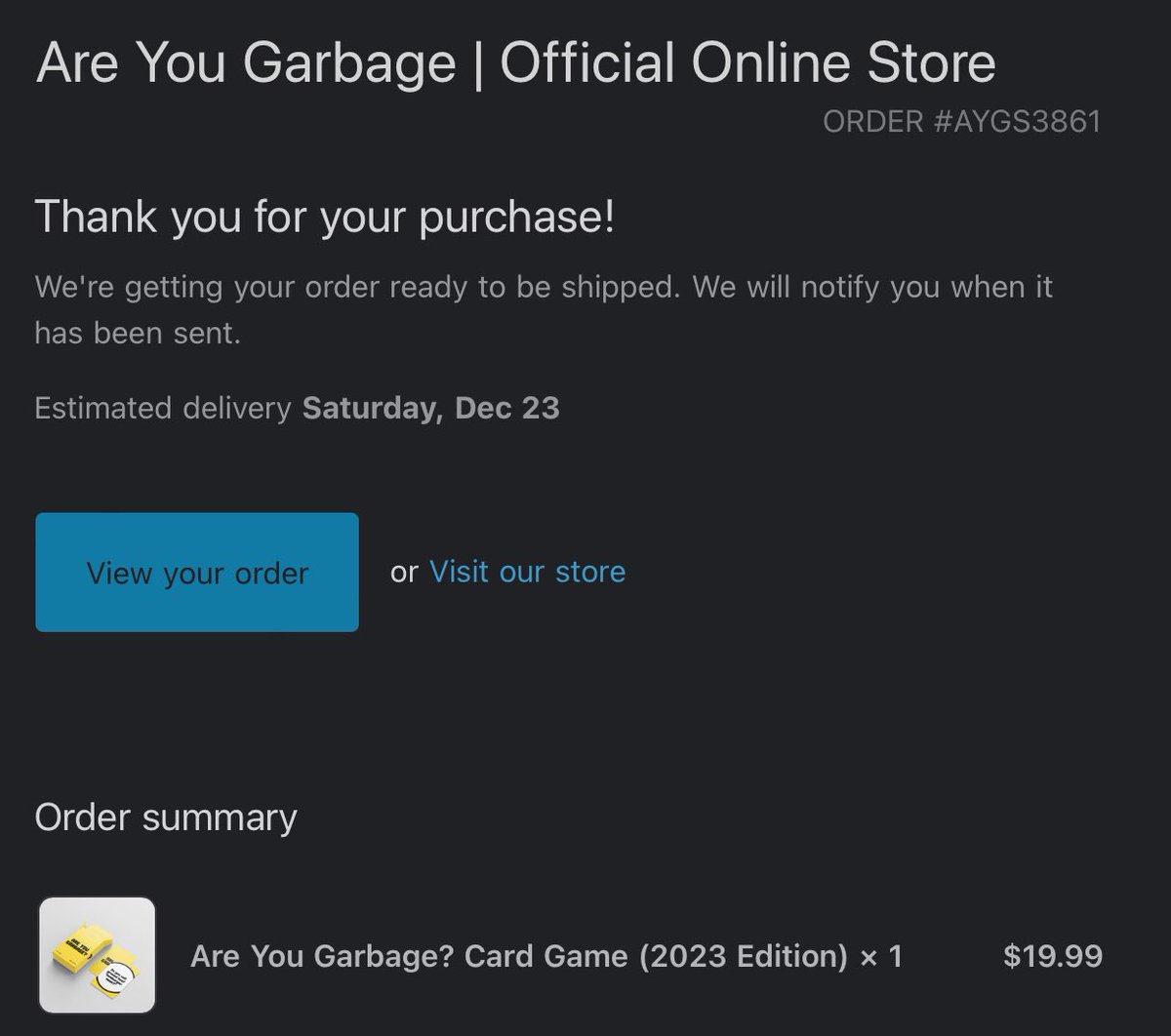 RMenzies's tweet photo. @AreYouGarbage @KevinRyanComedy @HFoleyComedy Here’s hoping this gets here by the delivery date so a new Christmas tradition can be started! https://t.co/hDzL4ykllV