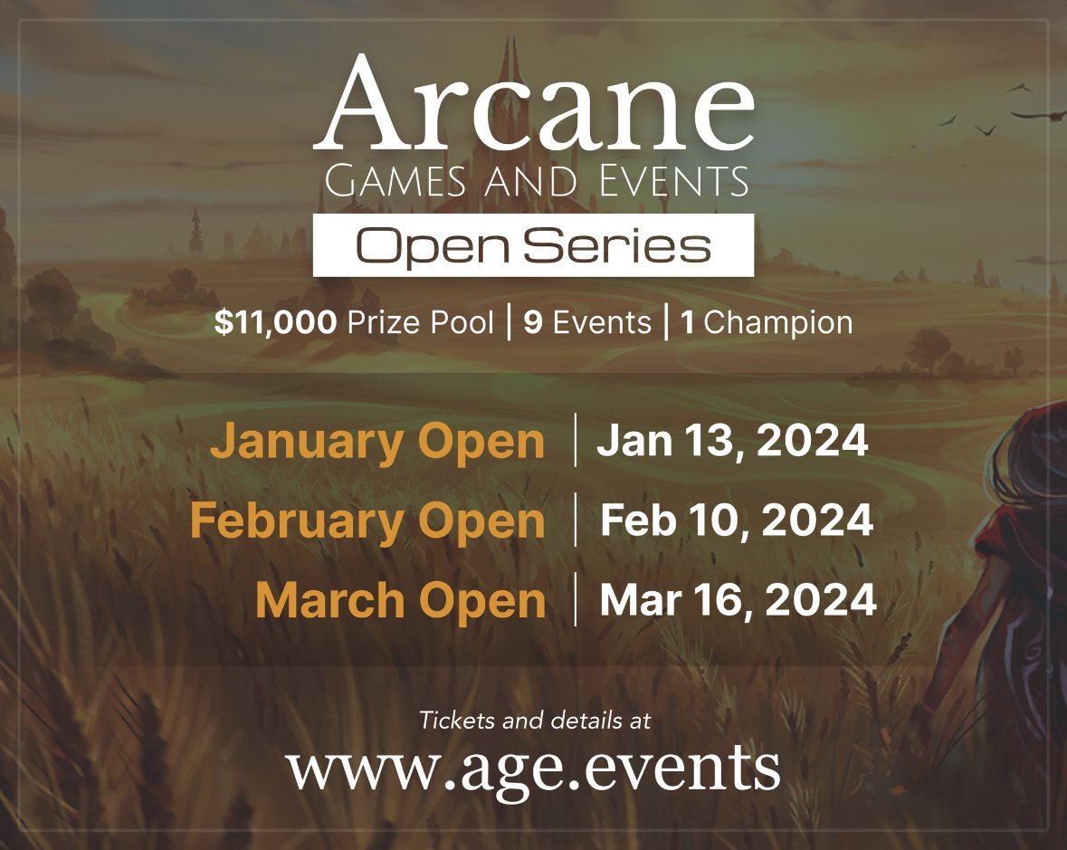 The AGE Open Series is back! Join us for another year of thrilling games and fierce competition, with the first three Opens already scheduled. Stay tuned and join our community on Discord at discord.age.events for updates! Full details at age.events #fabtcg