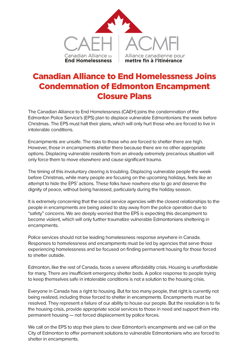 Our full statement on the Edmonton Police Service's plan to forcibly displace people living in encampments the week before Christmas. ⬇️

Take action now and let's support folks into appropriate shelter and permanent housing ➡️ action.caeh.ca/stop-edmonton-…