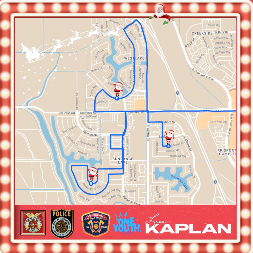 Here we come #QuailPark. Santa, #ONEYouth, Inderkum Public Safety, Fire Truck, Police & crew are on our way! Be there at 5:45 #SantainD1 #Natomas #bettertogether #Holidaycheer #Firetruck @SacPolice @SacFirePIO #IHSPublicSafety #Station43 #cadets  #santa #snow