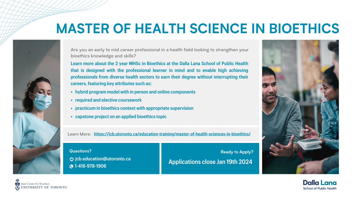 🚨Deadline Alert! The MHSc in Bioethics application at @UofT_dlsph is due Jan 19th 2024. Our office reopens Jan 3rd but dive into how you can elevate your bioethics career on our website linked in bio or catch up with a recording of our info. session - bit.ly/3RJk6Qd