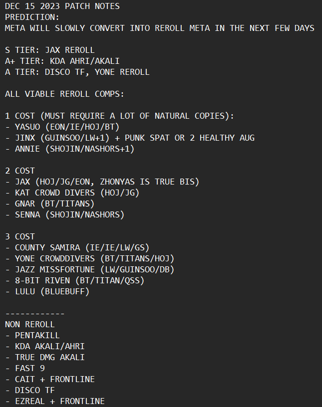 NEW TFT PATCH TIERLIST