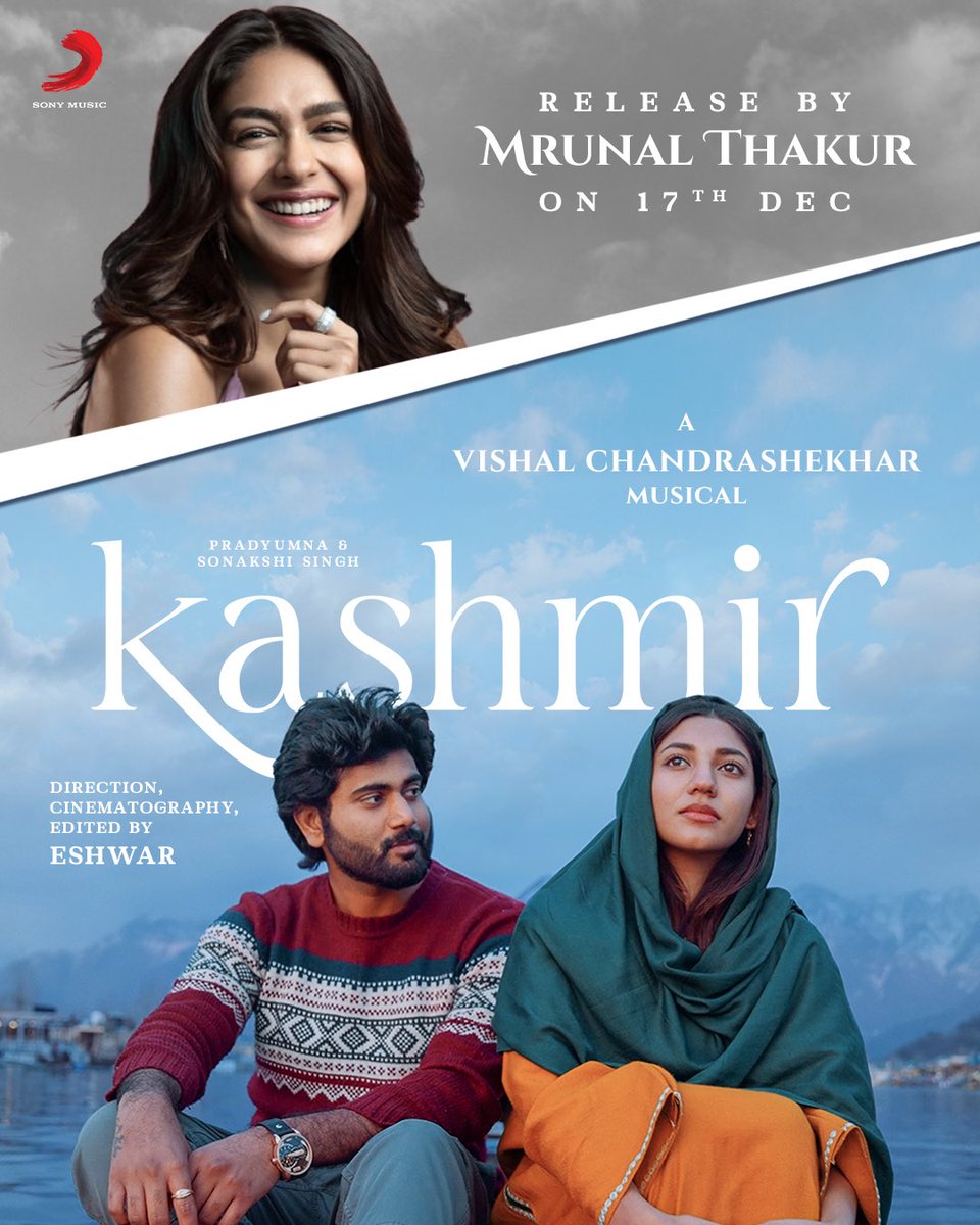 Music Director #VishalChandrashekhar in Beautiful Album song #Kashmir will be released by the stunning Actress @mrunal0801 Tomorrow at 9am !! Stay tuned @composer_vishal @pradyumna257 @SonyMusicSouth @PRO_Priya @spp_media