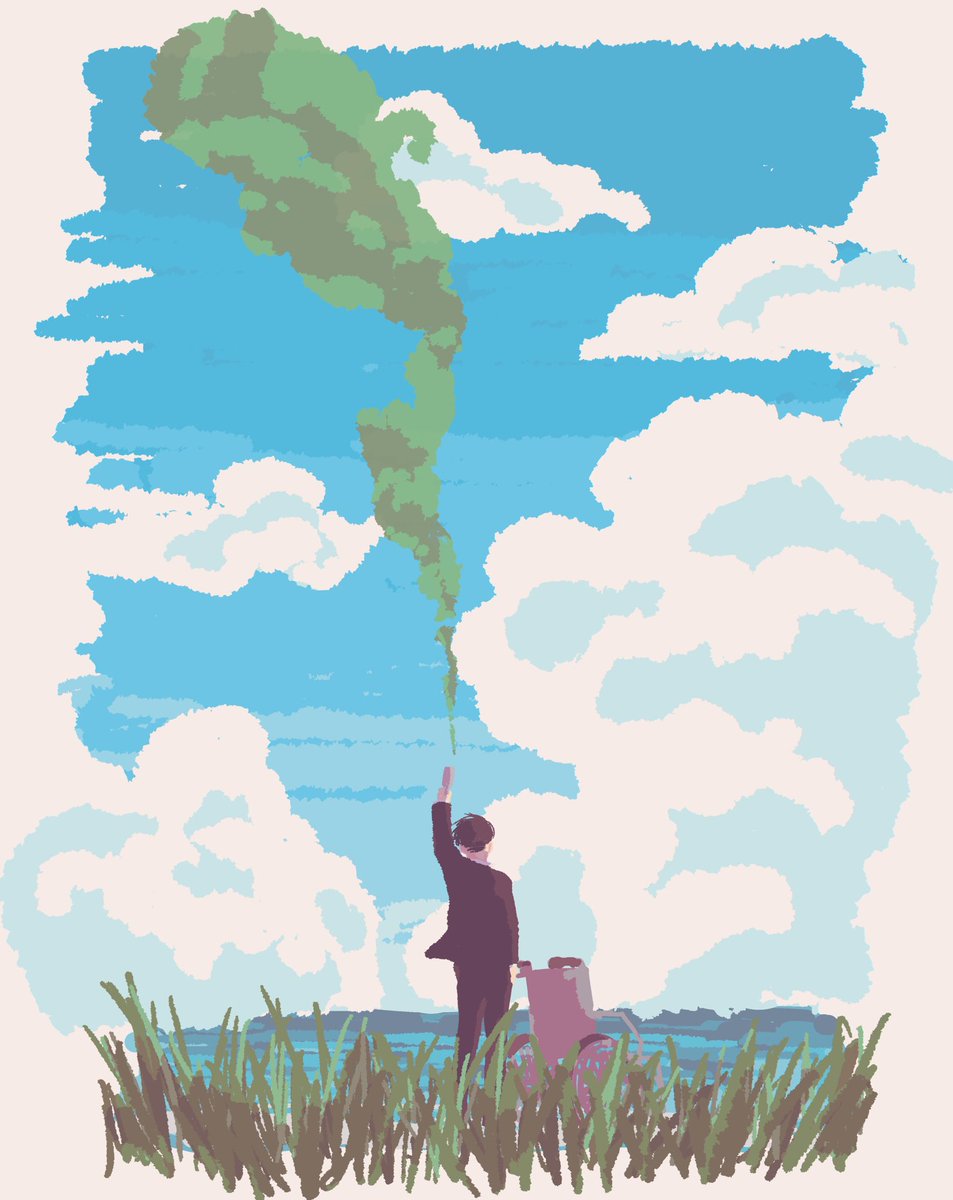 cloud sky grass outdoors solo 1boy wide shot  illustration images