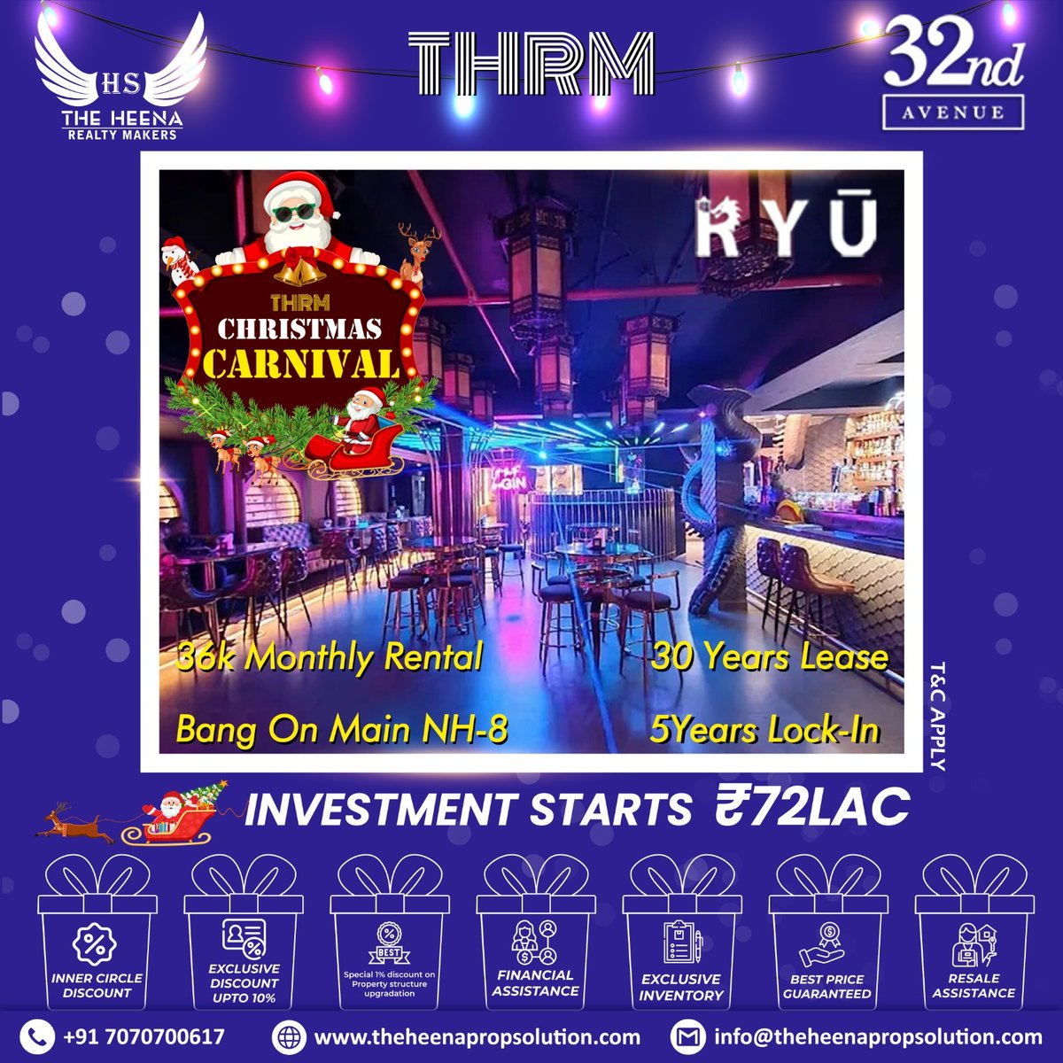 🌟 Unlock prime investment at #32ndAvenue, #Gurgaon: 72 lac entry, 36k monthly benefit, 30-year NH-8 lease. Exclusive perks: Best Price Guarantee, 1% upgrade gift. Call 7070700617 during #THRM's #ChristmasCarnival (Dec 10-25). Join #THEHEENAREALTYMAKERS for #InvestmentElegance!