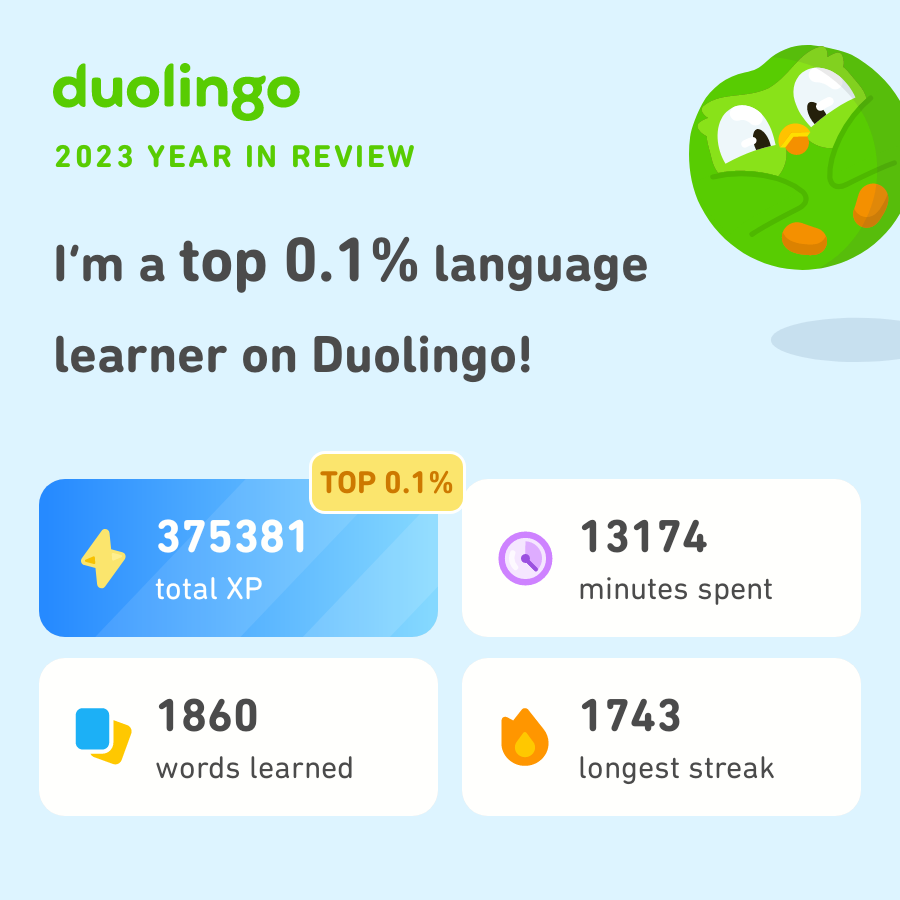Look how much I learned on Duolingo in 2023! How did you do? #Duolingo365