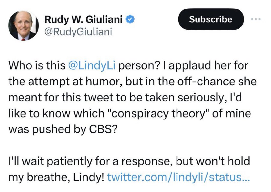 Hey @RudyGiuliani, this Lindy Li person would like to remind you that your “conspiracy theory” just cost you $148 million. Oops 🤣 Your broke ass better work harder at shilling those MyPillow sandals on Twitter!