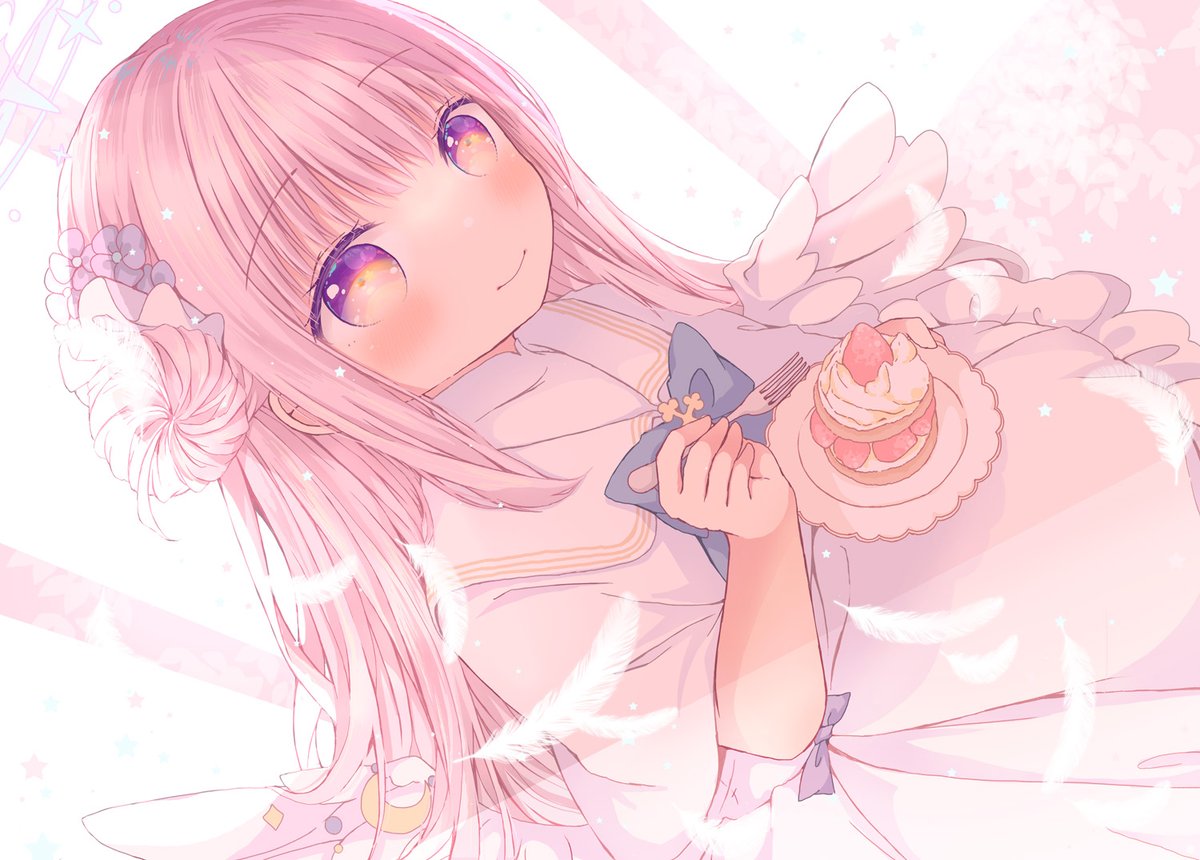 mika (blue archive) 1girl pink hair solo cake food dress wings  illustration images