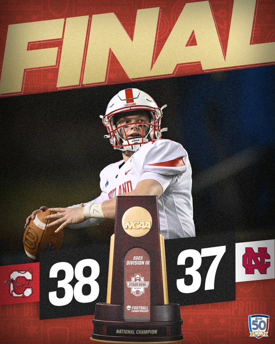 NCAA Division III (@ncaadiii) on Twitter photo In an absolute classic <a href="/RedDragonPride/">Cortland Athletics</a> capture their First National Championship in program history 38-37 over North Central!
#D3fb | #WhyD3 In an absolute classic <a href="/RedDragonPride/">Cortland Athletics</a> capture their First National Championship in program history 38-37 over North Central!
#D3fb | #WhyD3