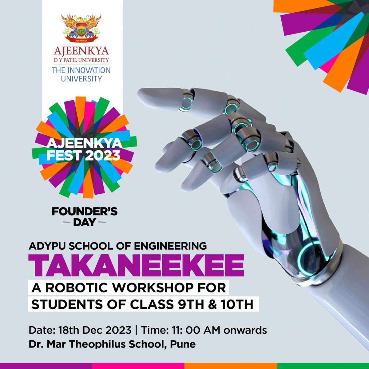 adypuniversity's tweet image. Join the ADYPU School of Engineering for a transformative experience, from a thrilling robotic workshop to the ADYPU Startup Summit and enlightening Deepfake awareness session.
#ADYPUSOE #ADYPUStartupSummit #DeepfakeAwareness #RoboticsWorkshop #FoundersDay #AjeenkyaFest #ADYPU