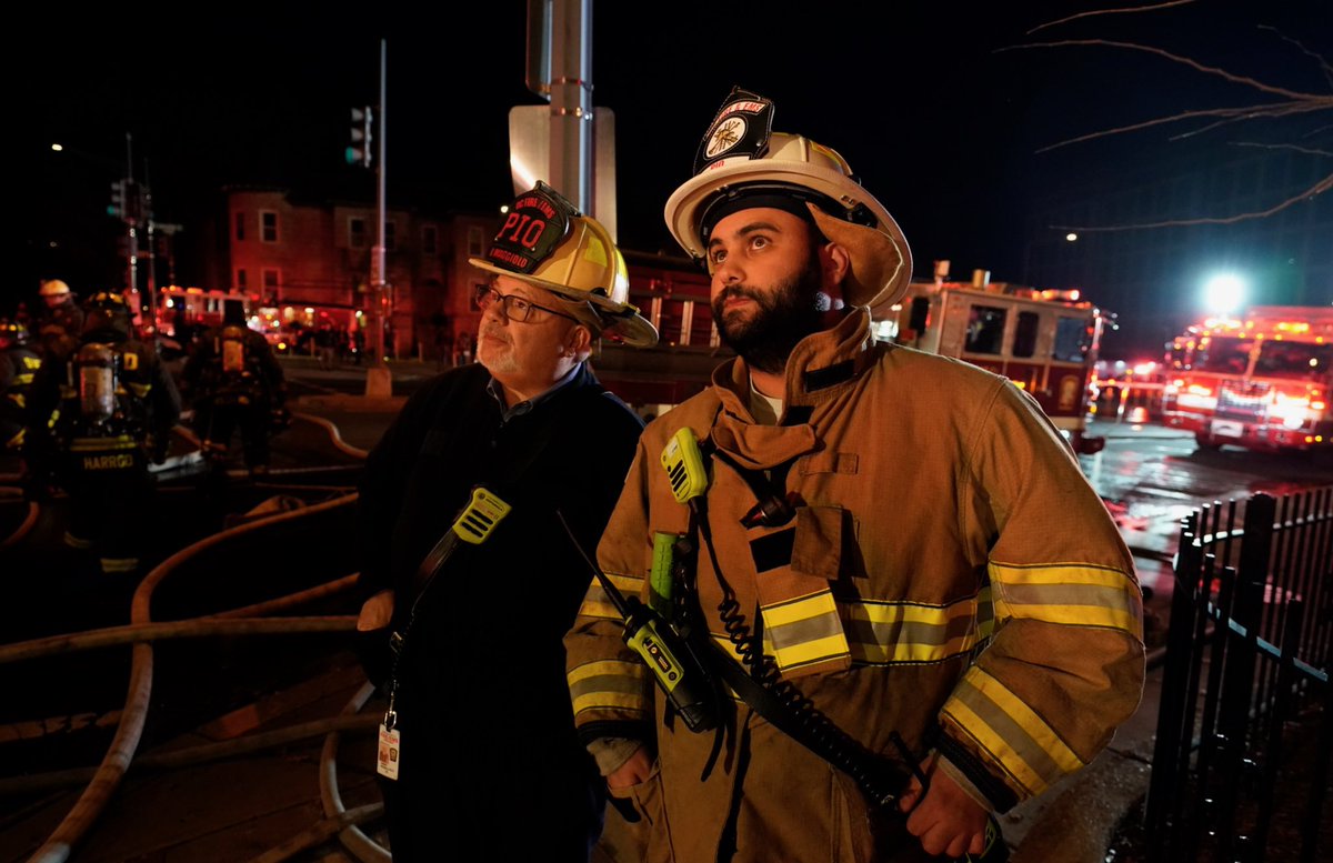 .@NoahGrayDC in his new role as Chief Communications Officer for @dcfireems on the scene with Public Information Officer Vito Maggiolo, left, at a three alarm fire in the Bloomingdale neighborhood of Washington, DC.