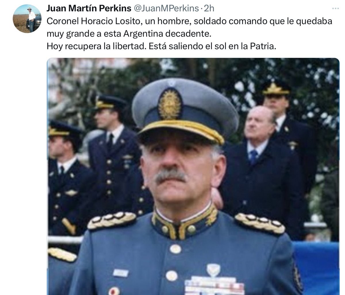 ¿Empezó Victoria Villarruel a hacer lo que vino a hacer?
Les voy a contar una pequeña historia.
Hoy me encuentro con este tuit.
Parece que salió en libertad el Coronel Horacio Losito
(Breve hilo)