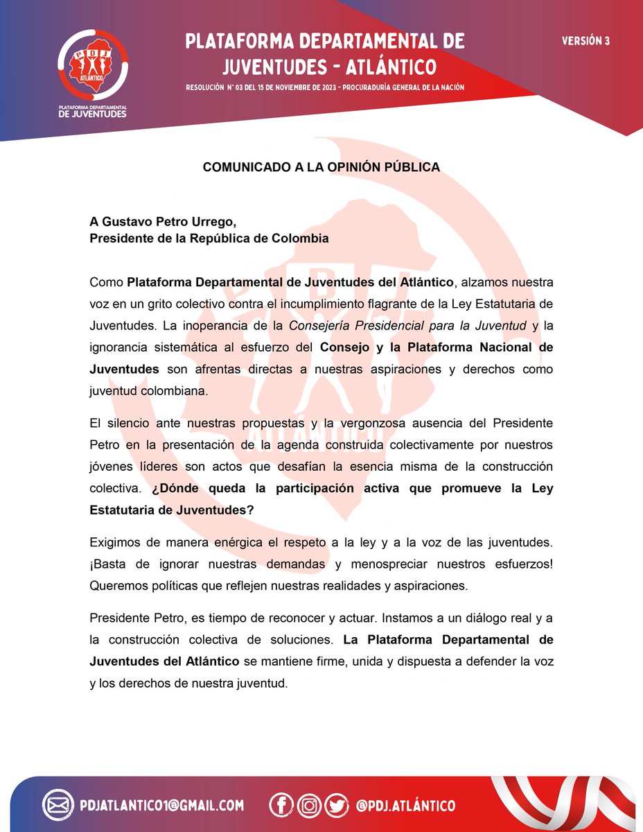 Desde la Plataforma Departamental De Juventudes Atlántico, exigimos respeto a la Ley de Juventudes. La inoperancia y el desprecio hacia nuestras propuestas son inaceptables. <a href="/petrogustavo/">Gustavo Petro</a> es hora de cumplir con la ley y construir de la mano de las y los jóvenes. 👊💥