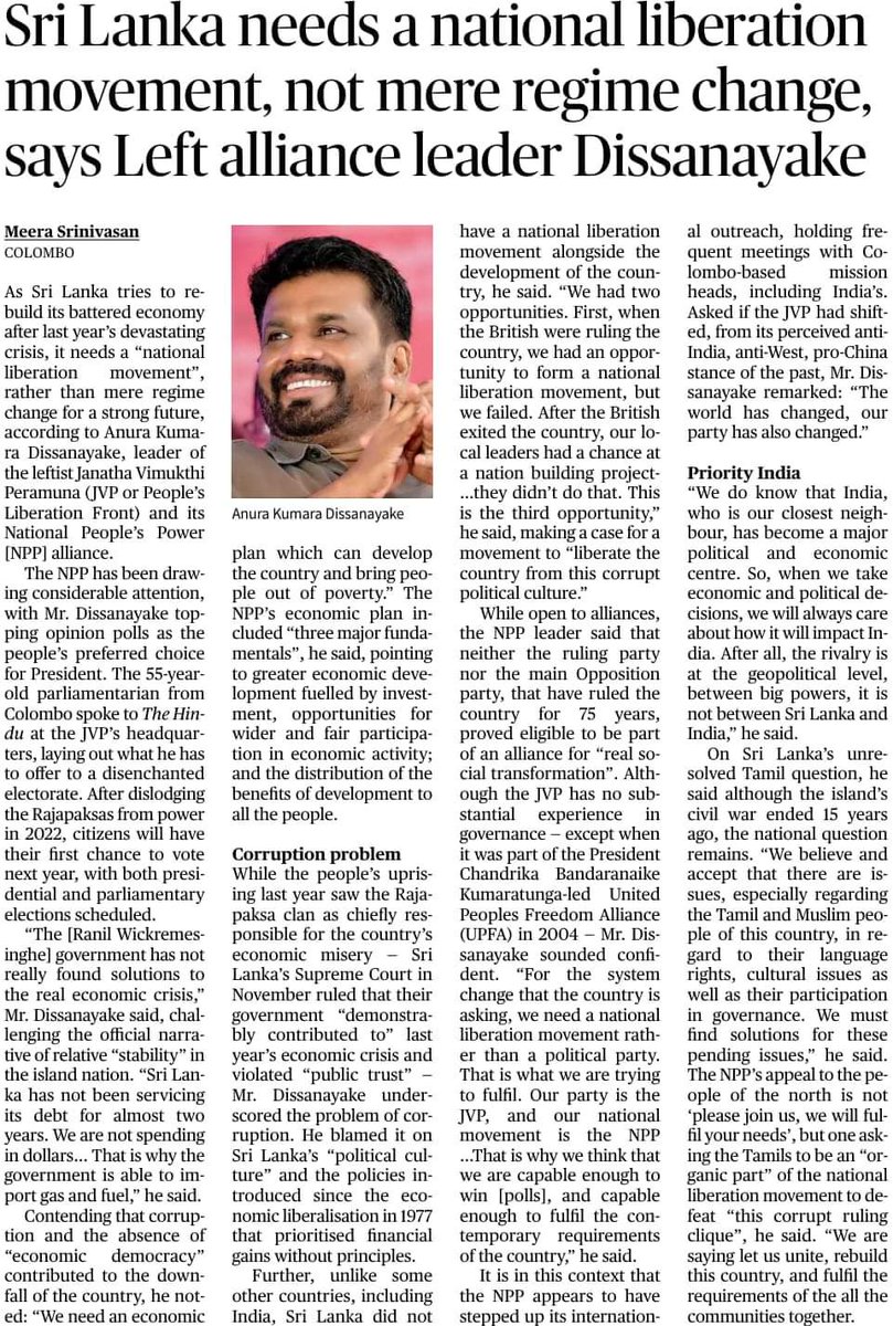 @anuradisanayake featured interview with @Meerasrini on #TheHindu 

2023-12-16

#lka #SriLanka #Kalutara #Panadura #SriLankaCrisis #WeWantElection #NPP #පන්නමු #හදමු #මගේරට 
#thistimewearefornpp #AKD #ANURAKUMARADISSANAYAKE  #මේපාරමාලිමාවට #chandimahettiaratchi