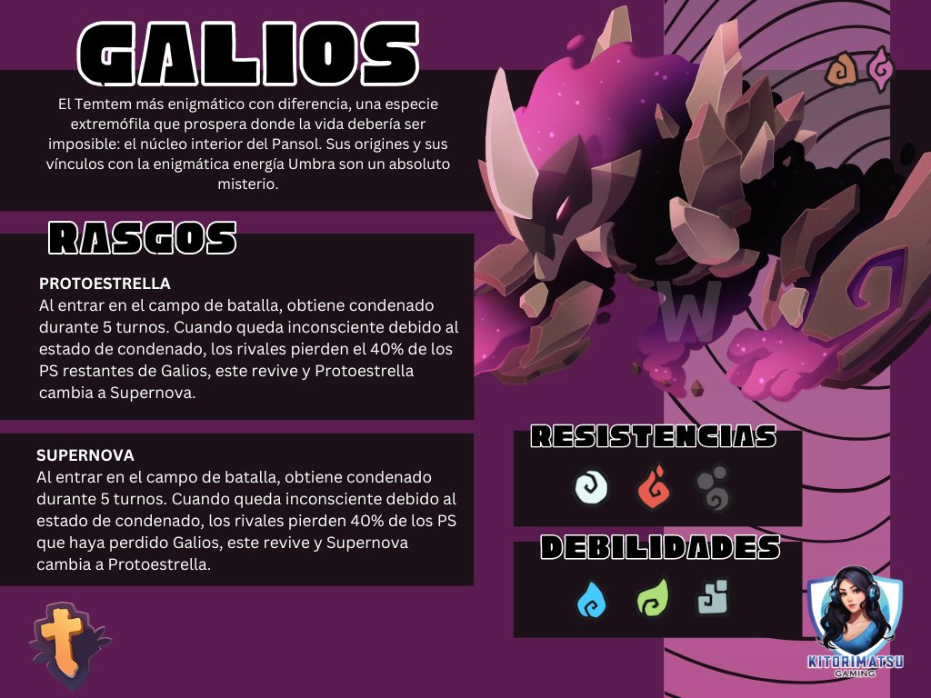 KitorimatsuGame's tweet photo. Aquí les comparto las resistencias y debilidades del tercer mítico Galios en el juego de Temtem. Para que vayan un poquito más preparados a ese tremendo combate.
#temtem #galios #temtemgame https://t.co/oF3mcLMw6w
