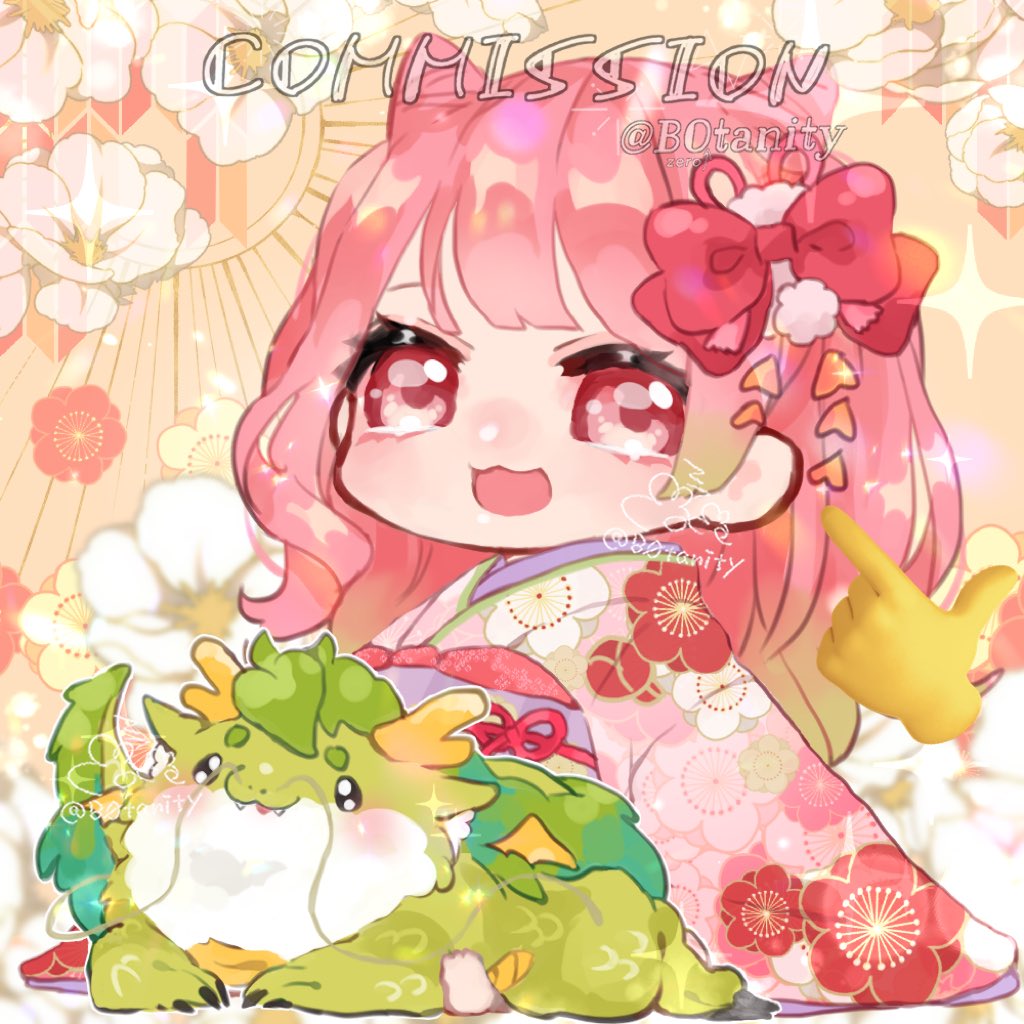 1girl japanese clothes kimono pink hair chibi hair bow bow  illustration images